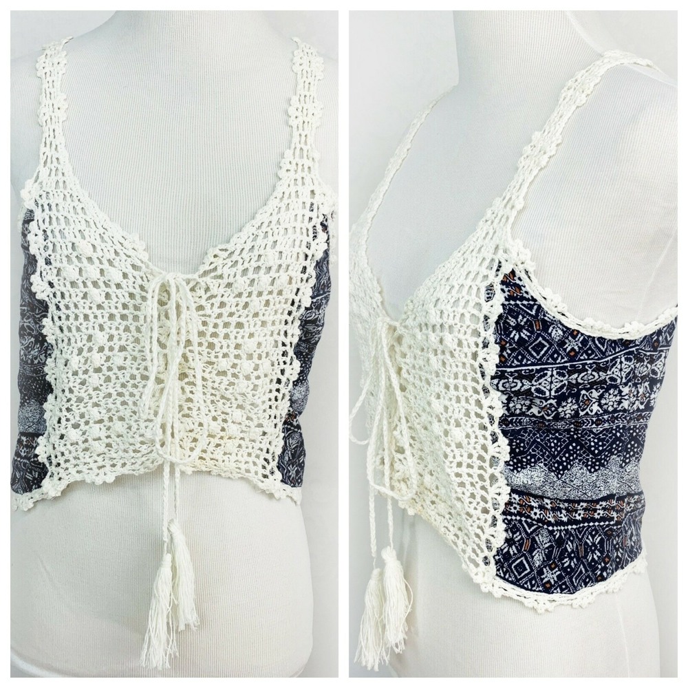 LF Rumor Crochet Lace Front Tank Top Size S Cream Navy Fairy Whimsical Festival‎